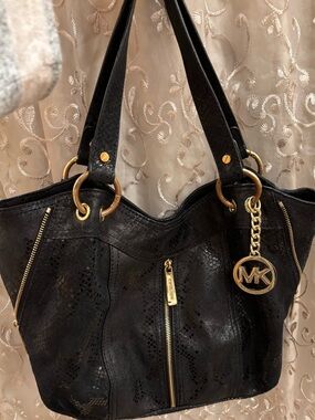 Michael Kors Black Leather Shoulder Tote with Gold Charm